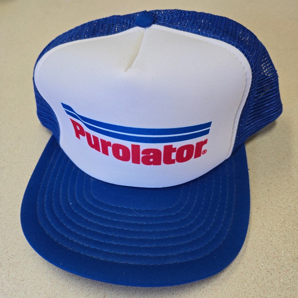 VTG Speedway Purolator Hat Blue White EUC OSFM Mesh Back Snapback Trucker Cap